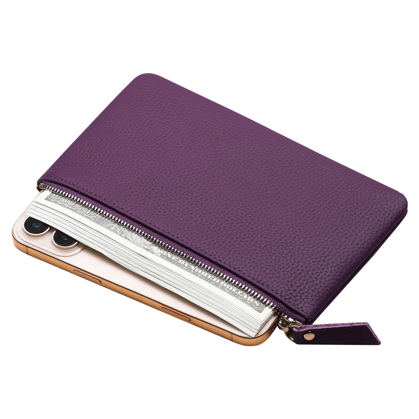 Genuine Leather Zipper Purse, Travel Makeup Bag With Zipper for Men Women Coin Bag Lipstick Cosmetic Accessories Organizer, Travel Kit Storage Pouch (Purple)