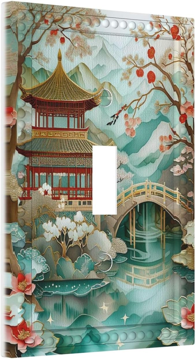 Asian Palace Traditional Bridge Cherry Blossoms Light Switch Covers 1 Gang Single Toggle Wall Plate Decorative Switchcover Electrical Switchplate for Country Living Decor