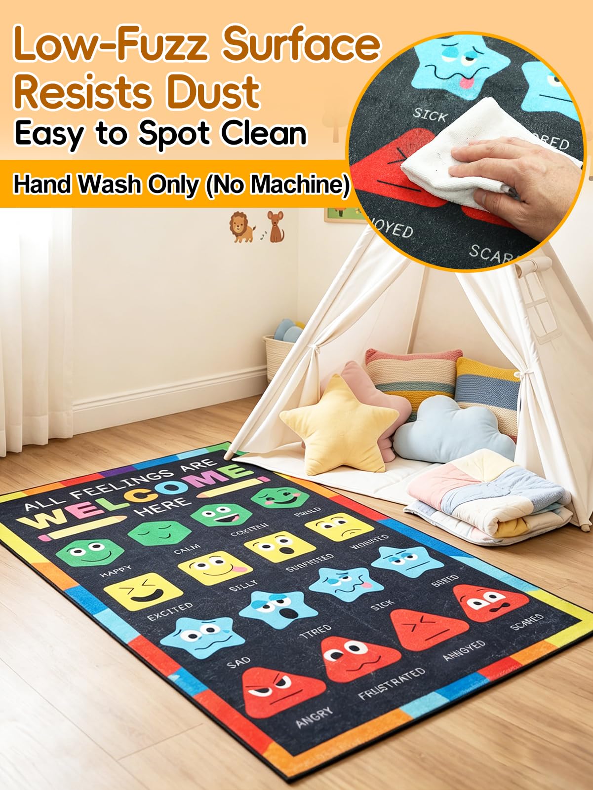 Beeplove 36''x60'' Calm Down Corner Supplies Classroom Rug - Non-Slip Backing with 8 Grippers, Feelings Chart Kids Reading Rug for Preschool Nursery Back to School Classroom Decor, Raibow & Black