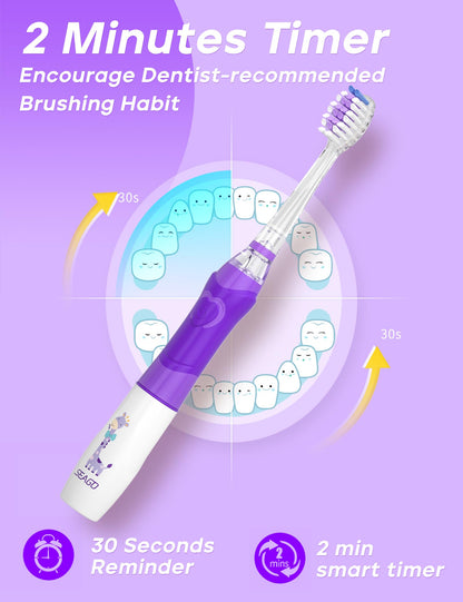 SEAGO Kids Electric Toothbrush with 2 Mins Brushing Timer and 4 Replacement Bursh Heads, Rainbow LED Light Make Brushing Fun, Boys Battery Powerd Toothbrush for 4-12 Years Old，SG-977 (Light Blue)
