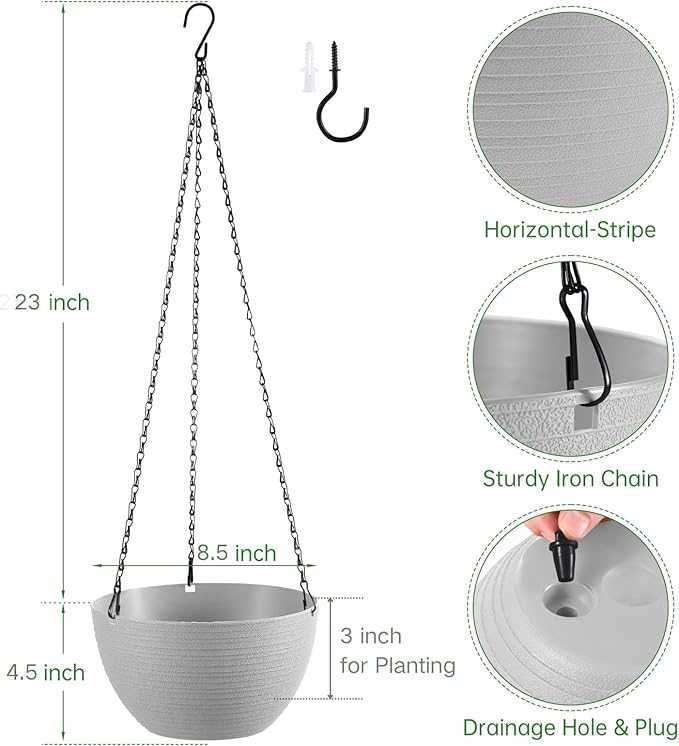 Set of 2 8 Inch Self Watering Hanging Planters for Indoor Outdoor Plants, Light Textured Hanging Baskets Flower Pots with Drainage Hole & Plug and 20" Chain Hanger