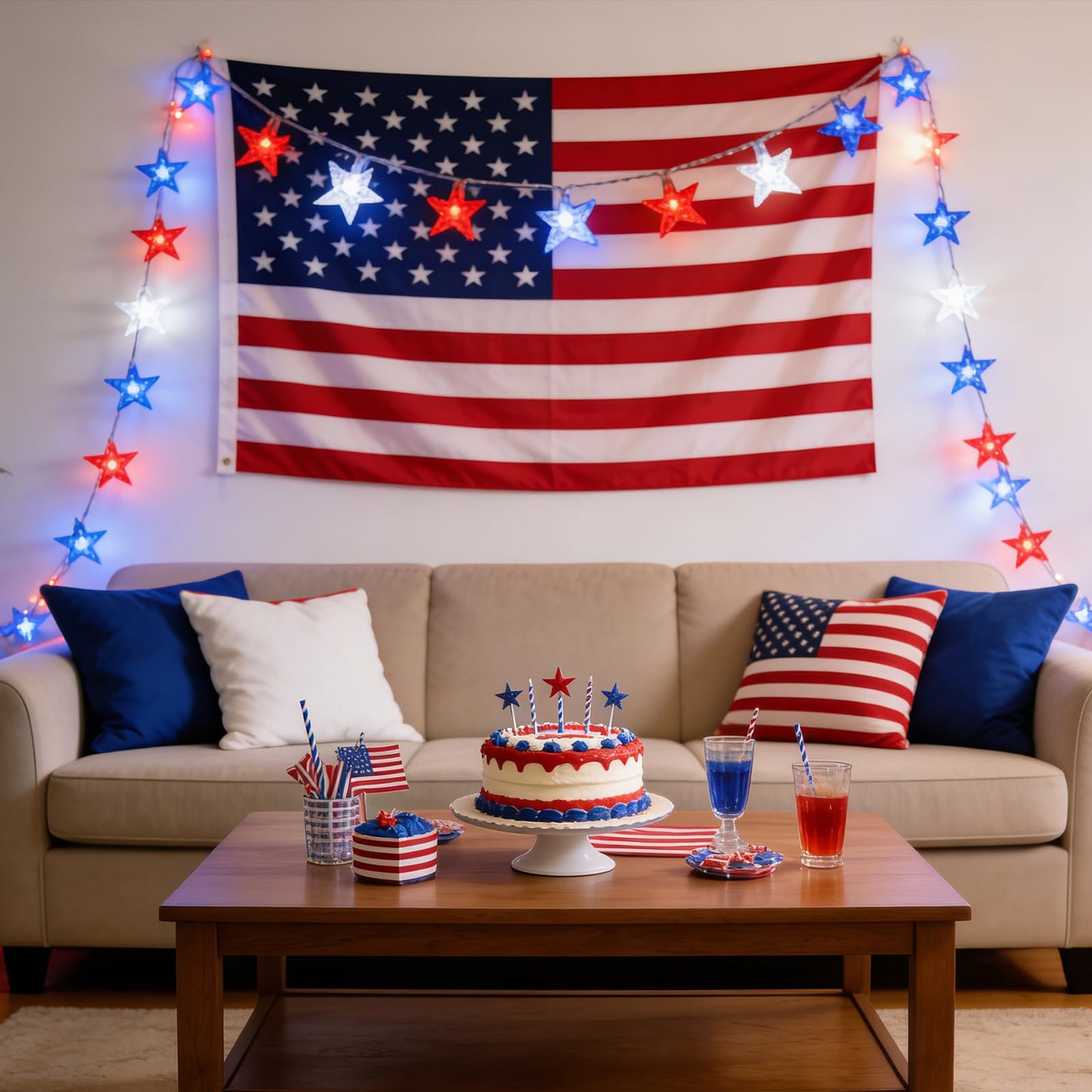 TWINGLEHOME 50 LED Patriotic String Lights Star 16FT (5M) with Clear Wire, Waterproof Battery Box, Multifunctional Modes Lighting (Red, Cool White, Blue) for Nation Day
