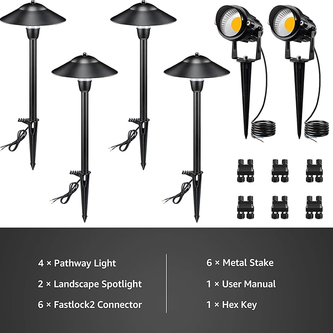 SUNVIE LED Low Voltage Landscape Lighting 12-24V Landscape Lighting Kit with Connectors Aluminum Pathway Lights Wired with Spotlights 3000K Outdoor Pathway Lights Low Voltage for Yard Garden, 6 Pack