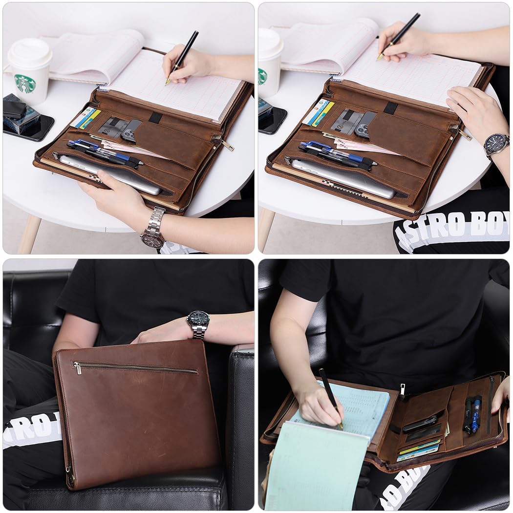 Crazy Horse Leather Portfolio Binder with 3-Zipper, Executive Padfolio Business Organizer & Resume Portfolio with iPad Holder, Legal Pad Portfolio for Men, Meetings, Interviews & Business Travel