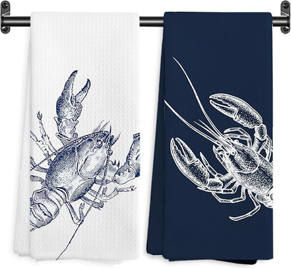 Vintage Lobster Coastal Beach Kitchen Towels, Nautical Dish Tea Towel Drying