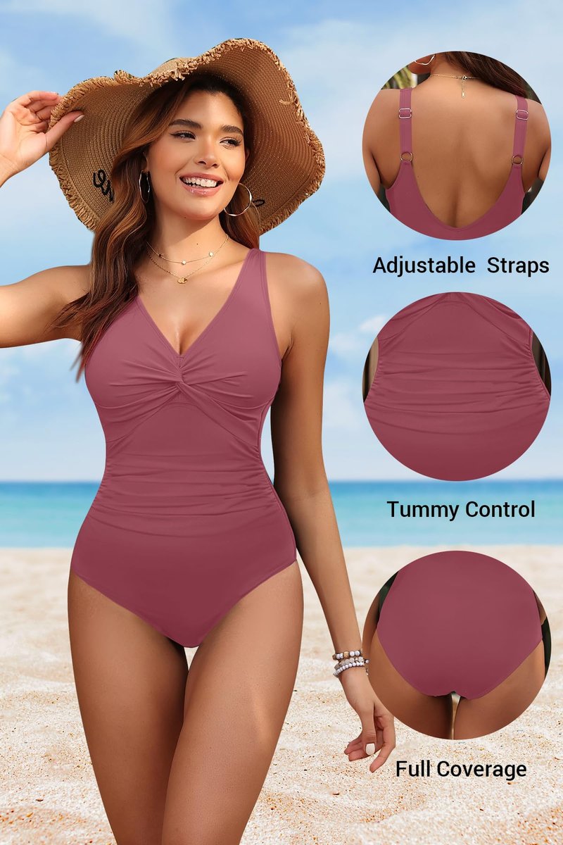 Holipick Blush Red Women Tummy Control One Piece Swimsuit - Push Up Bathing Suit Full Coverage Slimming Swimwear XXL