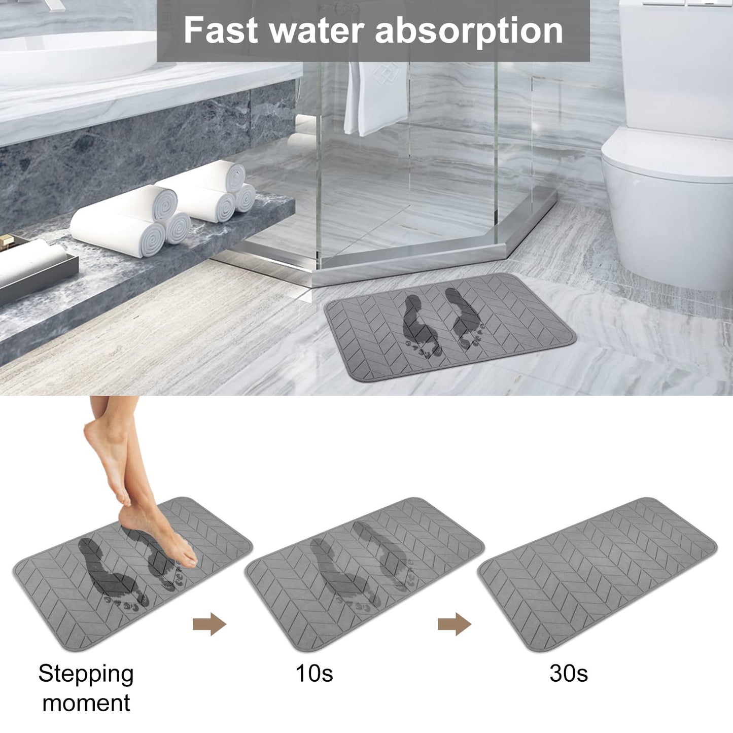 JUERLEN 2 Pack Diatomaceous Earth Shower Mat, Stone Bath Mat, Nonslip Super Absorbent Fast-Drying Hard Bath Mat for Bathroom Shower Floor, 24 x 16 inch, Grey Arrow Design