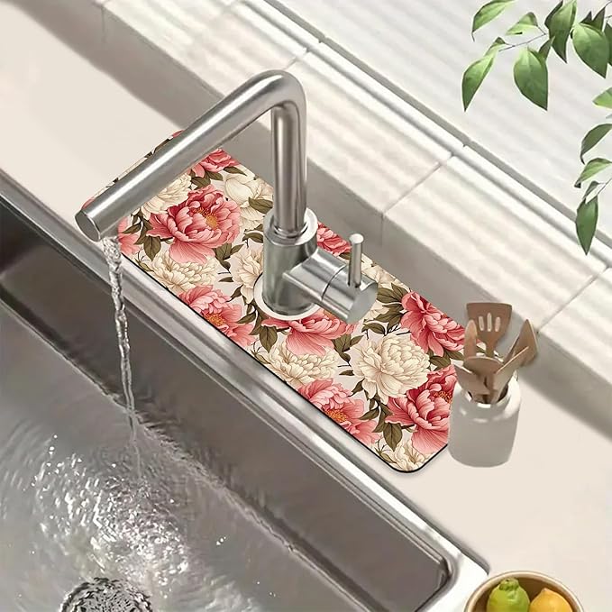 Beautiful Peony Sink Splash Guard Bright Peonies Faucet Absorbing Mat Fast