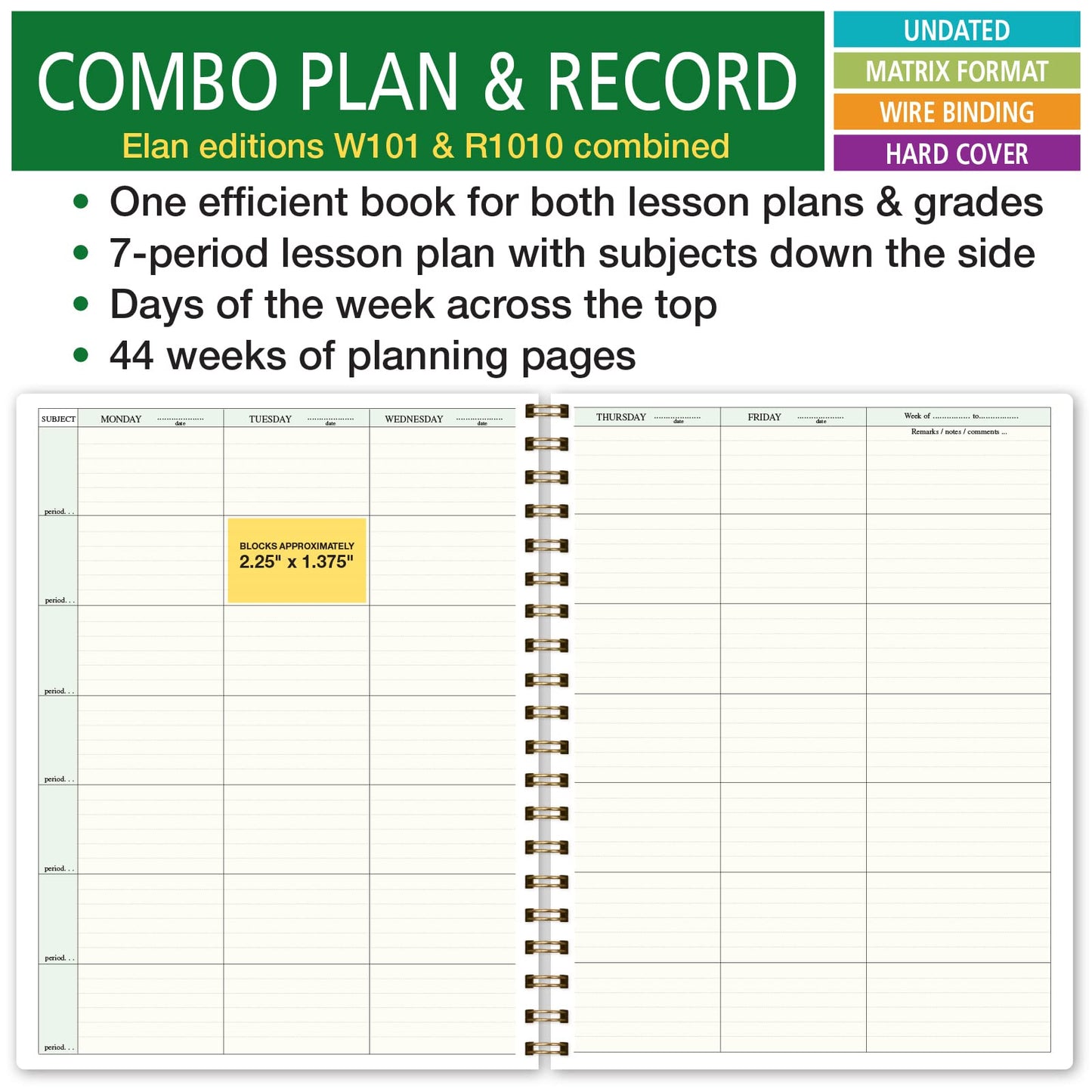 Elan Publishing Company HARDCOVER Combination Plan and Record Book: One efficient 8.5" x 11" Book for Lesson Plans and Grades Combines W101 and R1010 with Bonus Clip-in Bookmark (Teal Floral)