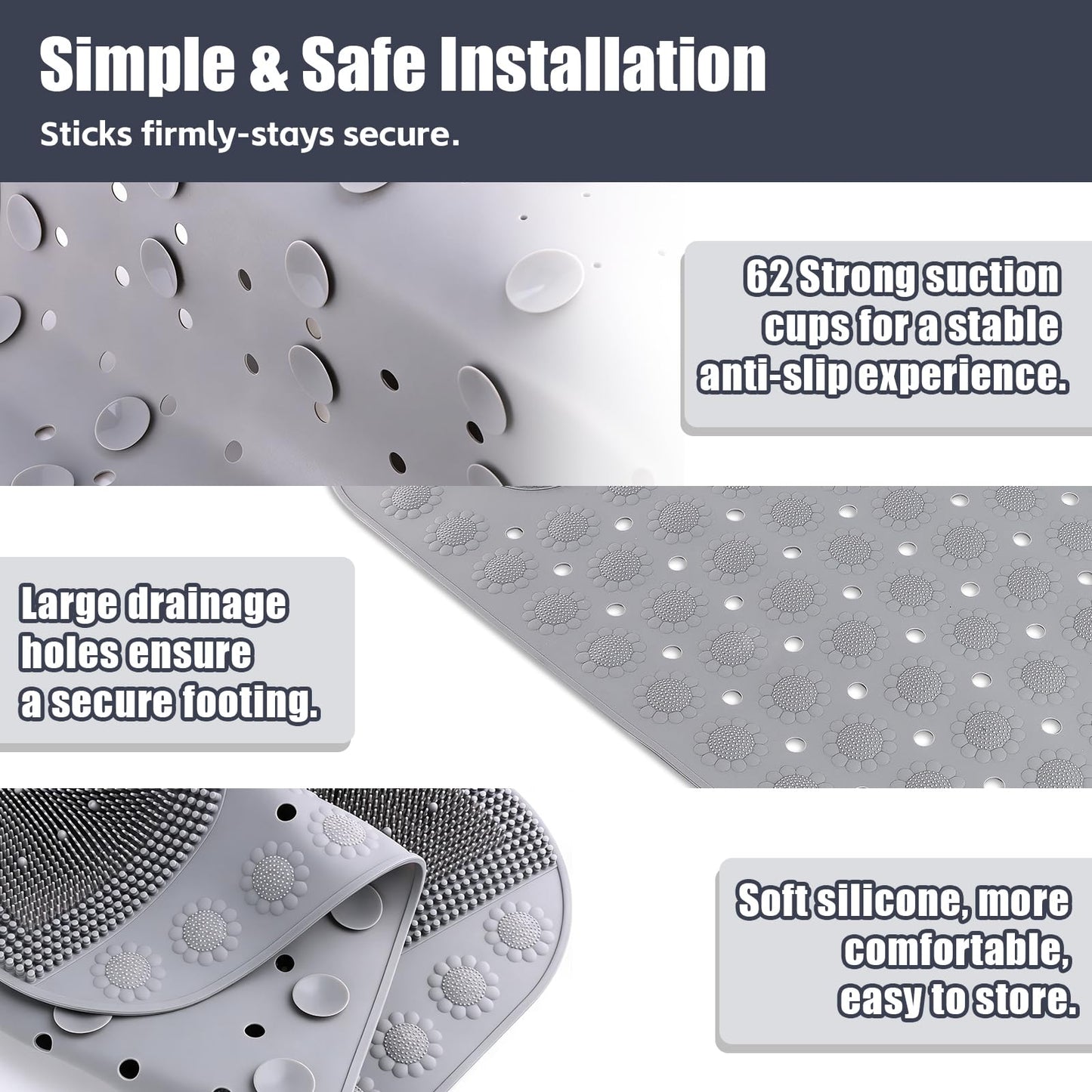 Rolcoassuns Bathtub Shower Mat Non Slip, 28.7x18.9 inch Silicone Bathroom Mat with Foot Scrubber on Both Sides, Drain Hole and Suction Cups, Machine Washable Bath Mats for Elderly, Pet (Gray)