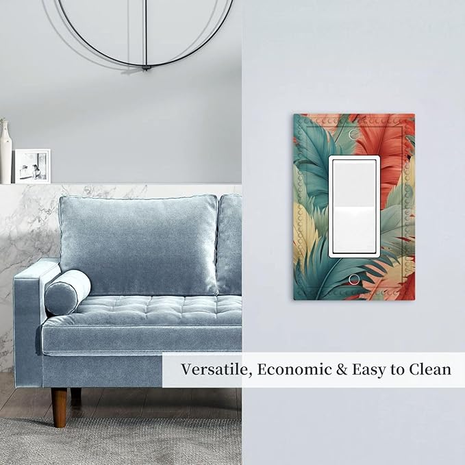 Colorful Feathers Blue Red Single Decora Outlet Wall Plate 1 Gang Rocker Decorative Switchplate Faceplate GFCI Light Switch Covers for Home Living Decor