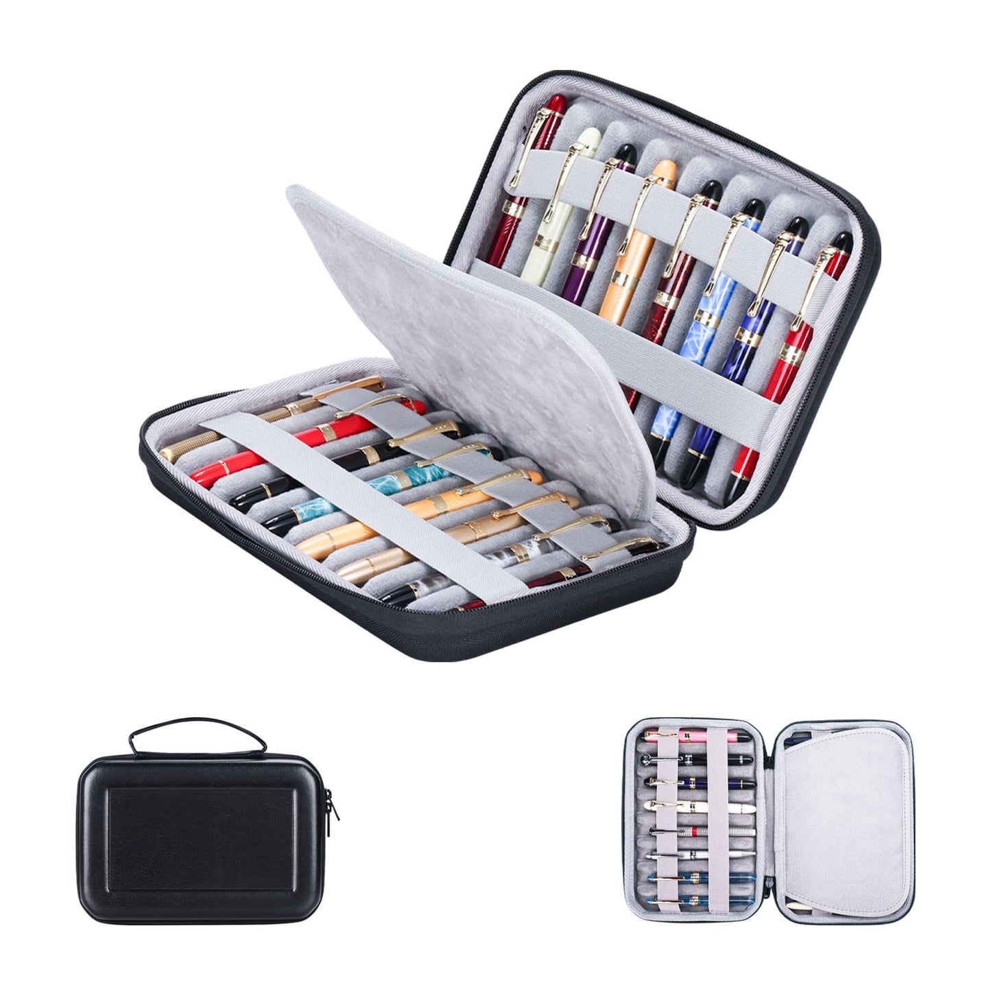 MIVLXLX PU Leather 16 Slots pen case/boxes， Pencil Tray Case Organizer,Handmade Display Zippered Pouch for Rollerball Pen，fountain pen-Retro（black）