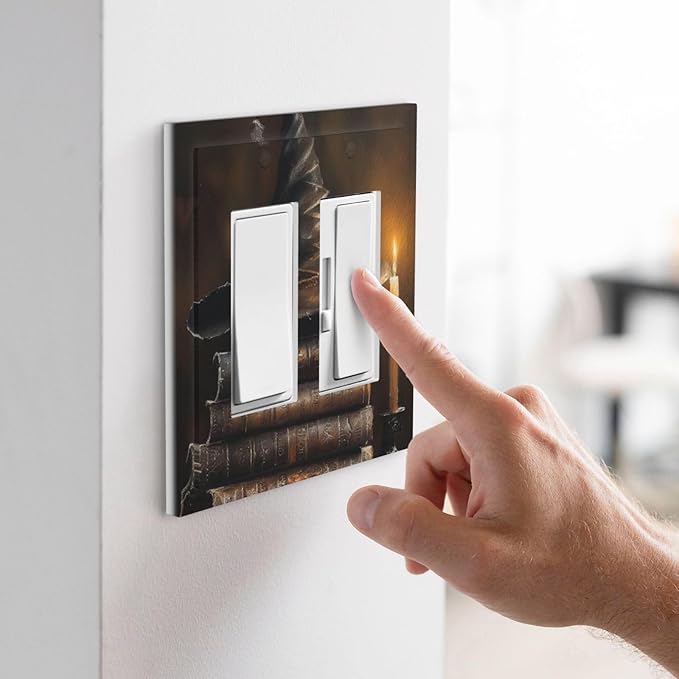 Decorative Art Light Switch Covers Wizard’s Hat & Spellbooks 2 Gang Dual Rocker Outlet Switch plate Faceplate GFCI for Home Decor