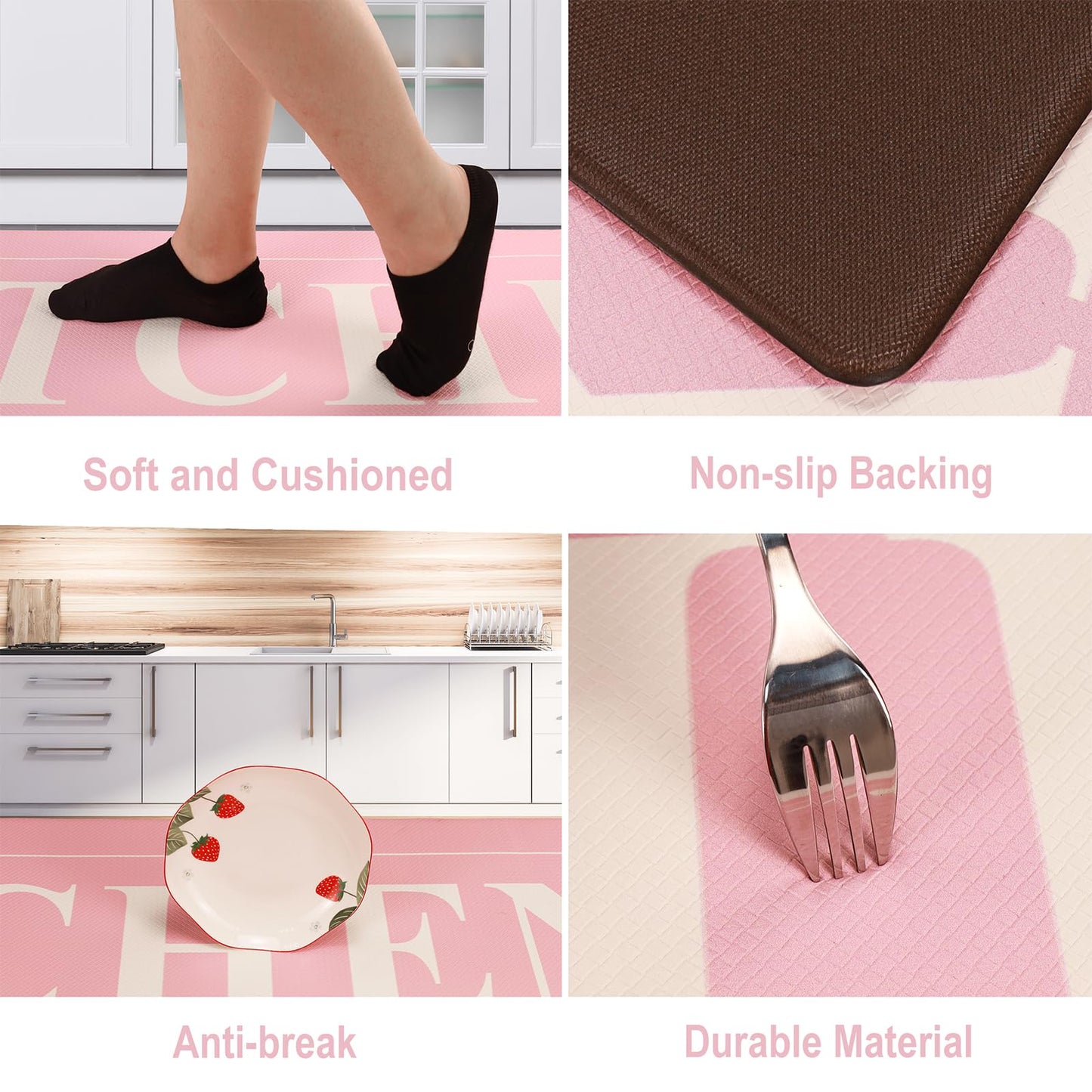 PCSWEET HOME Floral Kitchen Mat Sets 2PCS Non Skid Waterproof Kitchen Rugs and Runner Sets Cushioned Anti-Fatigue Comfort Mat for Home,Office Memory Foam Kitchen Rug, 17.3"x30"+17.3"x47", Pink