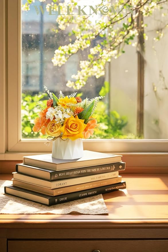 WELL KNOWN Small Fake Flowers in Plastic Vase 7" Centerpieces Coffee Table Decor, Silk Flower Arrangements for Home Decor Indoor Artificial Flower Bouquet for Dining Room Kitchen Wedding Yellow Orange
