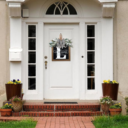 Ultra Large 14'' Last Name All Year Round Front Door Wreath with 26 Initial Letter Welcome Sign All Seasons Eucalyptus Garland and Bow Wreaths for Front Door Porch Farmhouse Decoration (L)