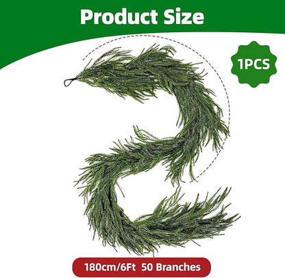 6 Ft Norfolk Pine Christmas Garland - Artificial Faux Pine Needles Real Touch Winter Garland - Indoor/Outdoor Holiday Greenery Garlands for Fireplace Mantle, Staircase, Window Decor