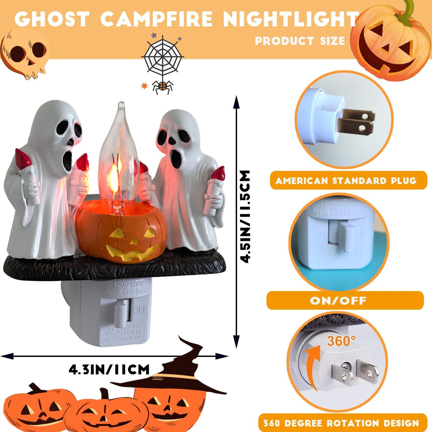 nlaa Ghost Campfire Nightlight,Halloween Campfire Flickering Night Light,3D Spooky Fire Marshmallow Night Light for Halloween Decor (Torch Ghost)
