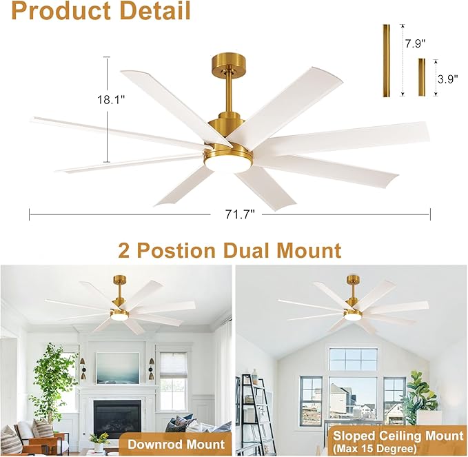 Depuley 72" Industrial Ceiling Fans with Light, Modern Ceiling Fan with 8 Blades, 5-Speed Reversible DC Motor, 3 Dimmable Color Light Fan with Remote for Indoor Living Room Covered Outdoor