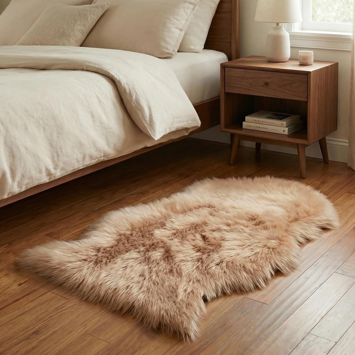 duduta Beige Faux Sheepskin Throw Rug 2x3 ft, Small Fluffy Shag Fur Rug for Bedroom Kids Room Dorm Decor Chair Covers Non Slip