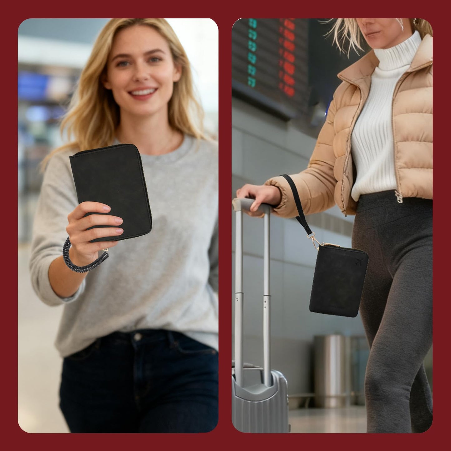 Passport Holder with Tether and Carabiner to Prevent Loss and Theft, Rfid Passport Holder for Travel, Passport Cover, Wallet & Case for Men and Women (Black -Tether and Carabiner)