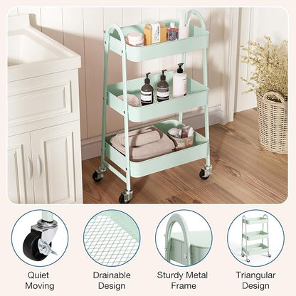 OLIXIS Metal Utility Cart, Mobile Rolling Storage Shelf with Lockable Caster Wheels, Organization for Livingroom, Bathroom & Narrow Places, 3 Tiers Green