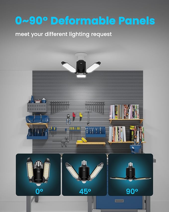 Motion Sensor Garage Light 80W 8000LM, Motion Activated Shop Light with 360° Detection and 3 Deformable Panels, 3 Modes Screw-in Garage Ceiling LED Bulb for Indoor Basement, Attic 1-Pack