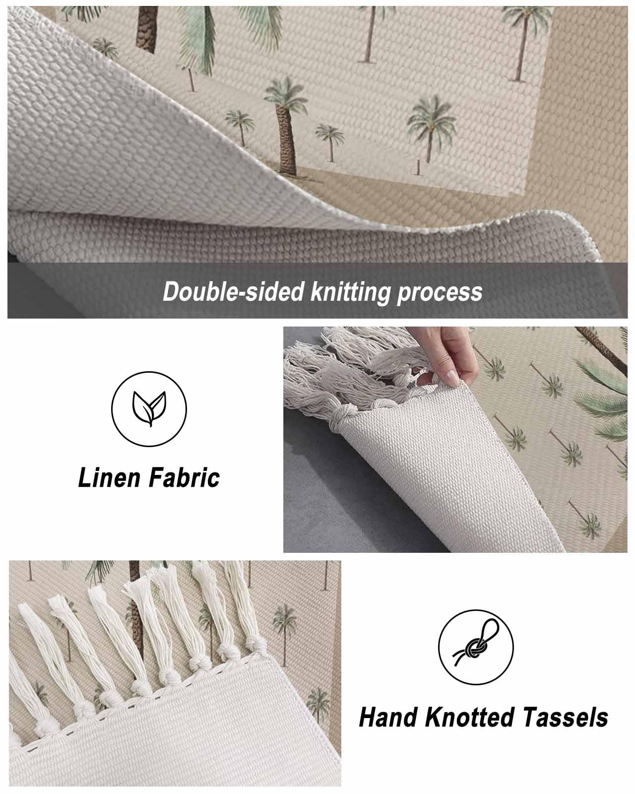 Tropical Palm Tree Entryway Rug 2X3 Ft Bathroom Mat, Washable Woven Brown Summer Beach Plant Throw Carpet with Tassel, Non-Shedding Farmhouse Retro Green Botanical Indoor Outdoor Kitchen Doormats