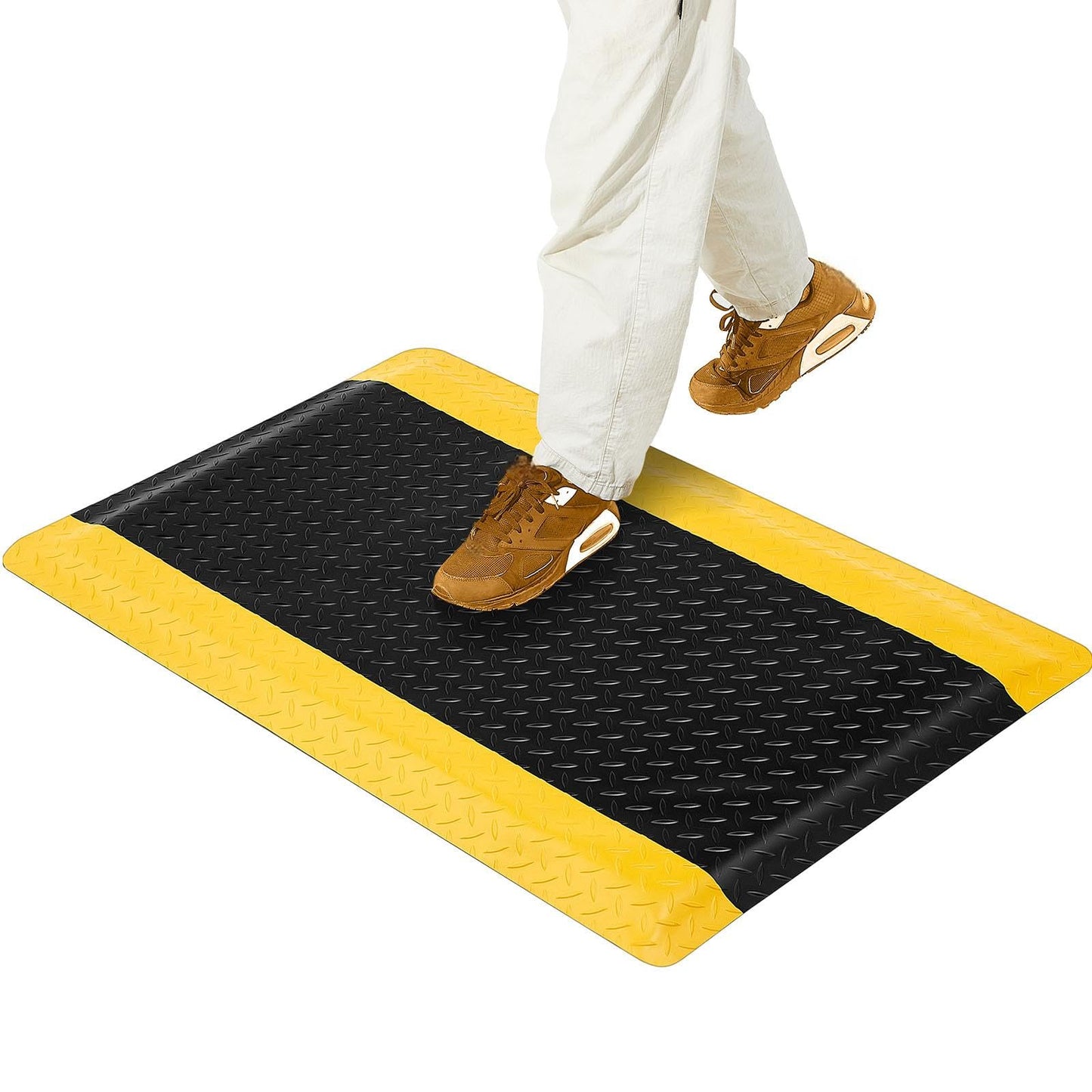 Timgle Anti Fatigue Mats Industrial 2' x 3' Heavy Duty Commercial Grade Diamond Plate Vinyl Non Slip Safety Ergonomic Standing Floor Mat Black with Yellow Border 7/8 Inch Thick Sponge for Work Stand
