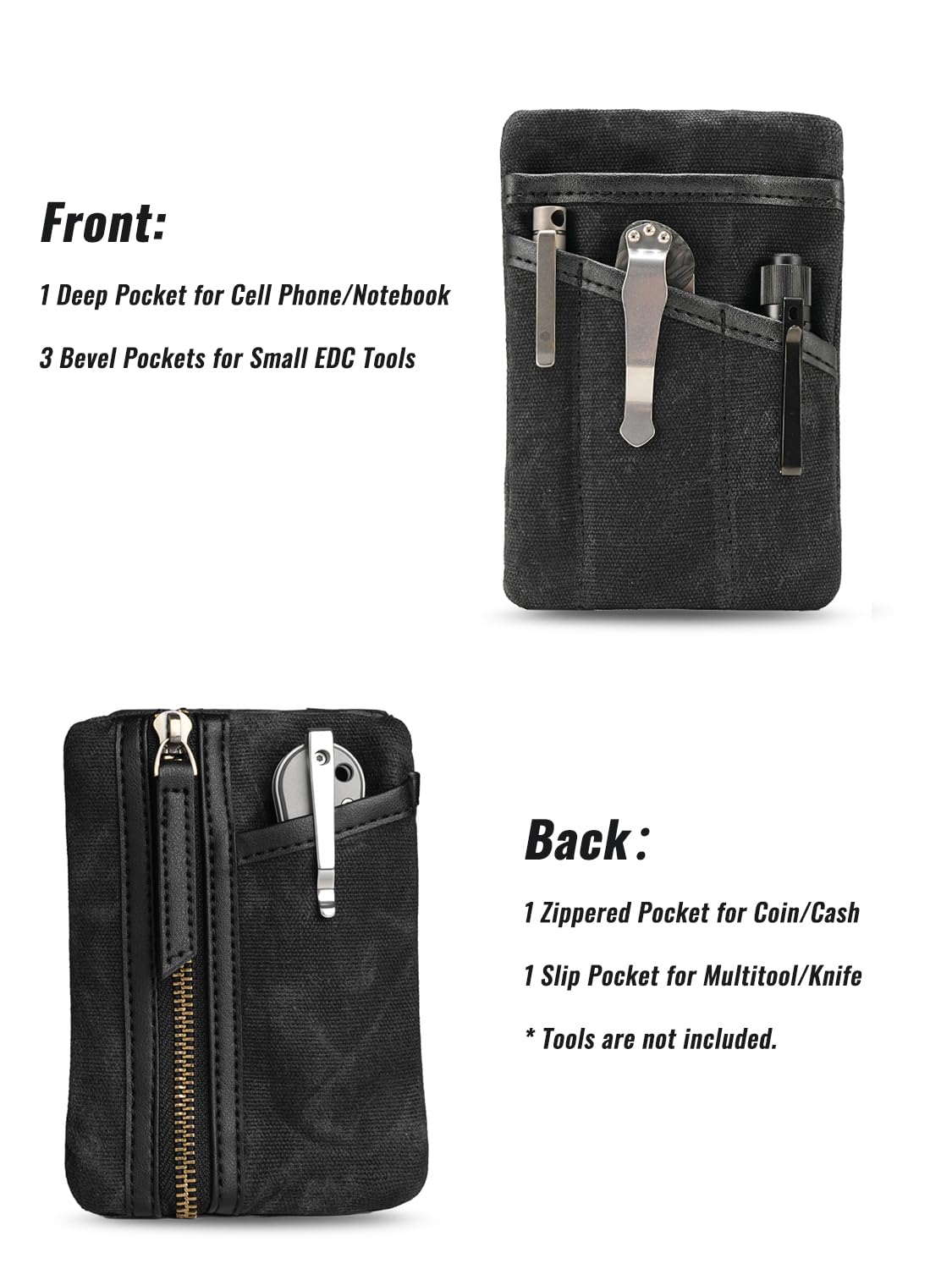 Sayram SP6 EDC Pouch, Waxed Canvas Compact Pocket Organizer, EDC Pocket Pouch for Men, Zippered Pocket Pouch, Mini EDC Organizer for Everyday Carry, Multitool Organizer Pouch (Oil Wax Black)