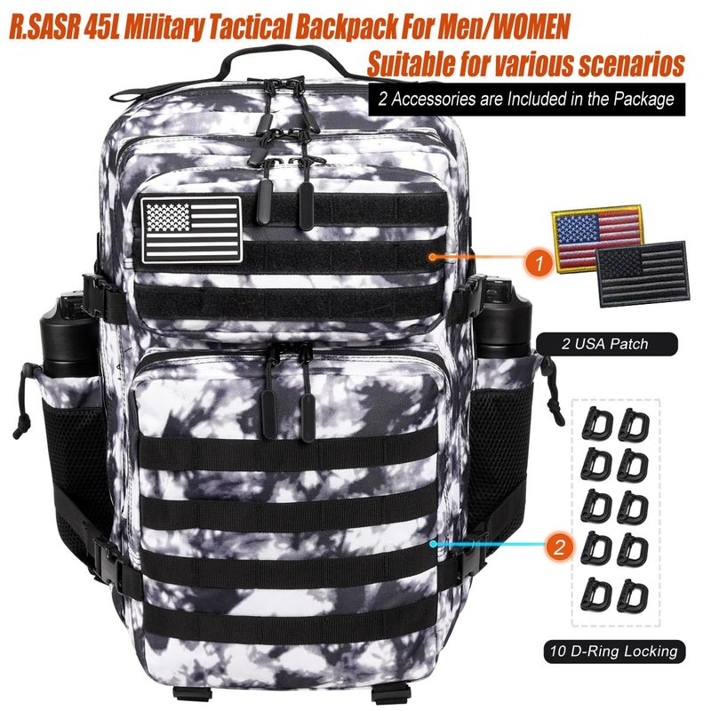 R.SASR 45L Tactical Backpack for Men Women, Military Assault Pack with MOLLE, Large 3 Day Bug Out Bag for Hiking Camping (Black and White)