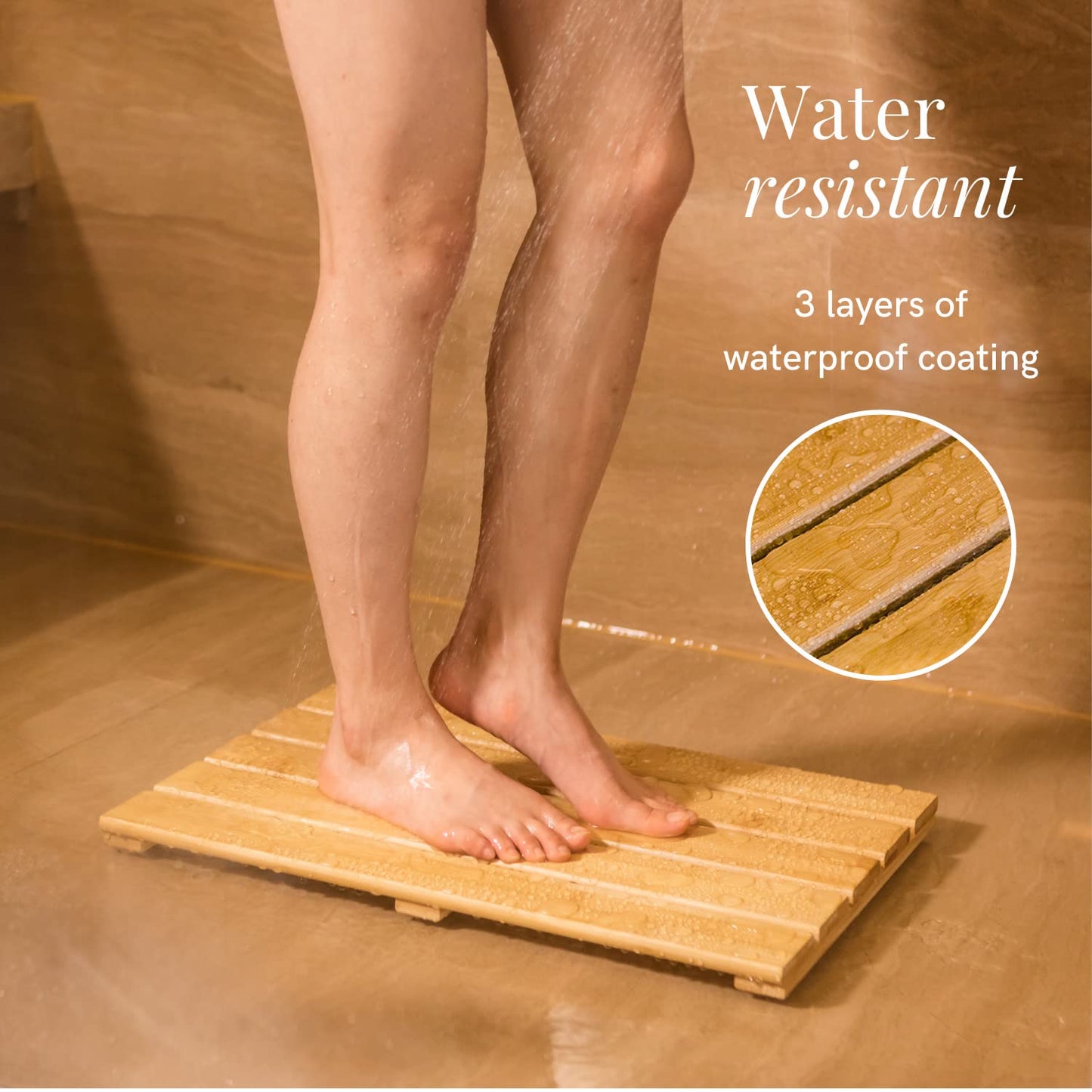 GOBAM Natural Bamboo Bath Mat - Non-Slip Shower & Bathtub Mat, Easy Clean Indoor & Outdoor Floor Mat for Spa, Sauna, Pool - Small 19.7 x 13 inches