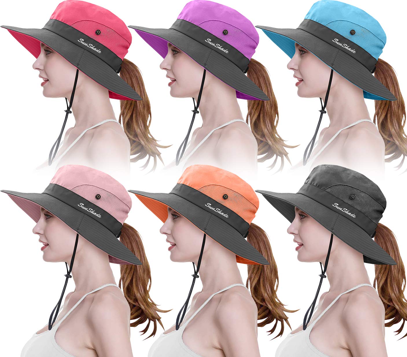 6 Pieces Womens Ponytail Wide Brim Sun Hat Packable UV Protection Beach Cap for Fishing & Hiking
