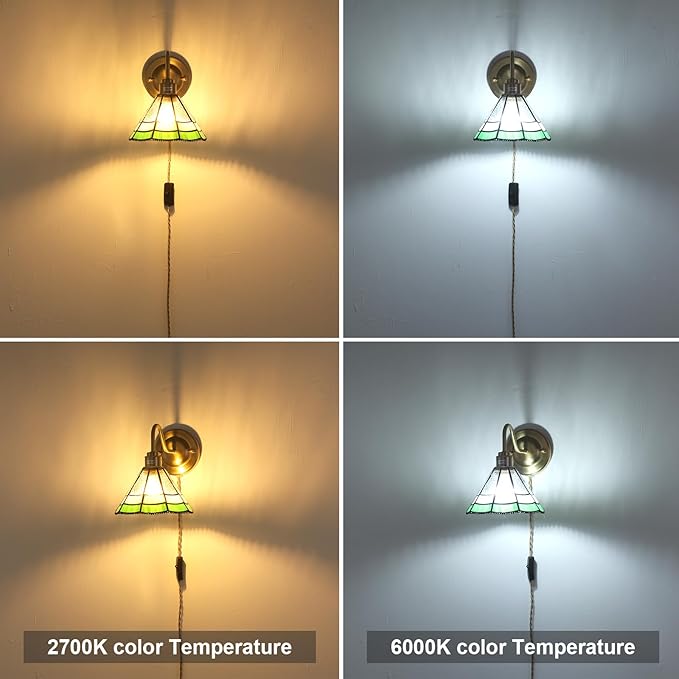 Vintage Wall Sconce, Wall Lamps with Green Multilayer Petal Sconce, Stained Glass Shade Brass Wall Lights Fixture with Plug in Cord and Switch for Bedroom Bathroom Living Room Hallway