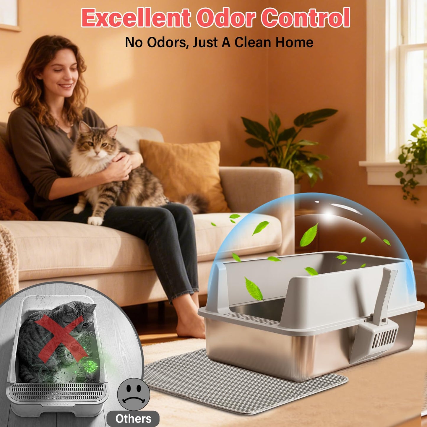 Stainless Steel Cat Litter Box, Extra Large XL Metal Litter Box with High Sides Lid, Never Absorbs Odors, Anti-Urine Leakage, Non-Sticky, Include Littter Mat & Scoop