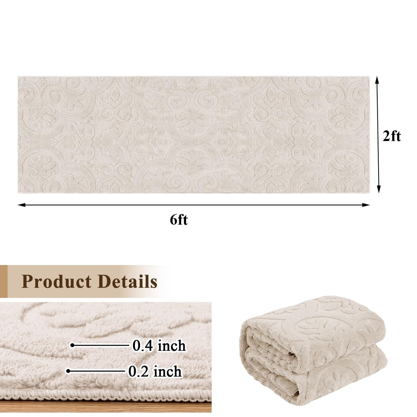 U'Artlines 2x6ft Hallway Runner Rug, Non Slip Washable Kitchen Rugs, Neutral Beige Modern High-Low Pile Rug Soft Cozy Floor Carpet Runners for Hallways Entryway Laundry Room Kitchen Bathroom