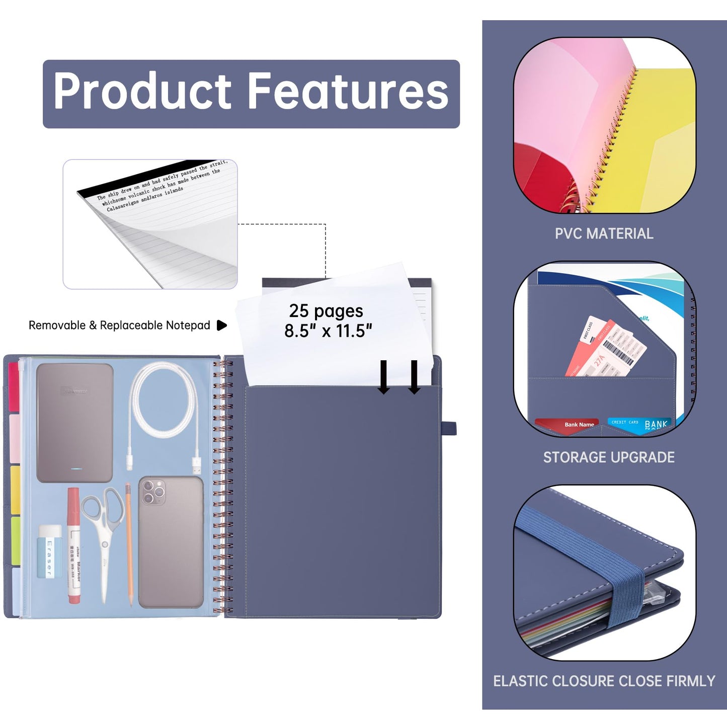 HAUTOCO Spiral Leather Clipboard Folio with Notepad (8.5 x 11''), 5 Folders with 10 Pockets, Storage Zipper Pouch, Pen Loop, 39 Stickers, Padfolio Organizer for Work School, Purple Gray