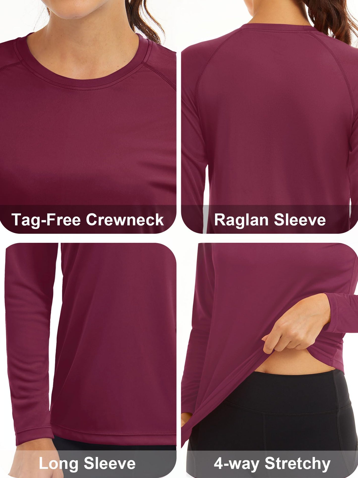 MAGCOMSEN Long Sleeve T Shirts for Women Sun Protection Shirts for Women Performance Summer Tee Running Shirts for Women Workout Shirts for Women Wine Red