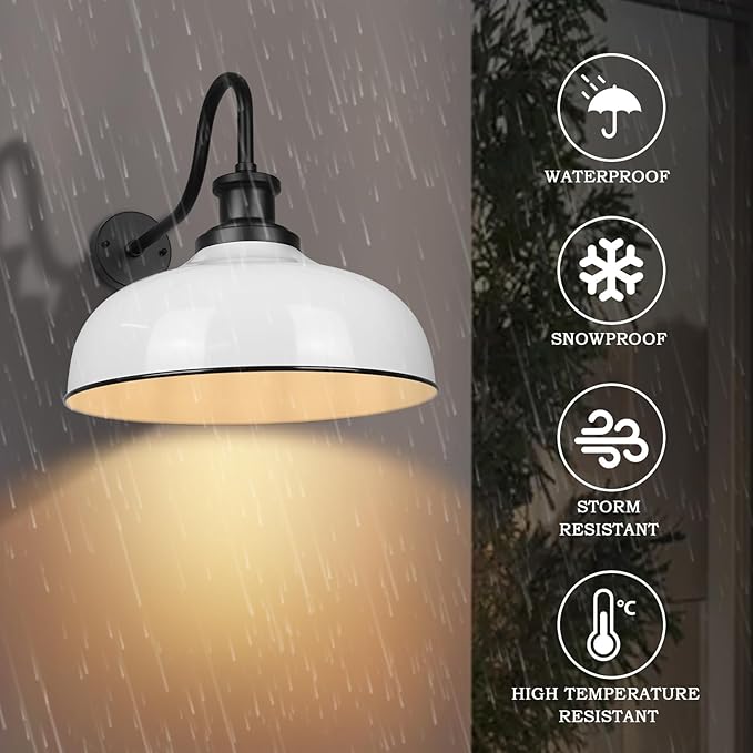 Outdoor Gooseneck Barn Lights, 14 Inch Dome Outdoor Wall Sconce Farmhouse Exterior Wall Mount Light Vintage Wall Lighting Fixture Industrial Wall Lantern for Porch, Entryway, Garage, RZ007M-2 WH
