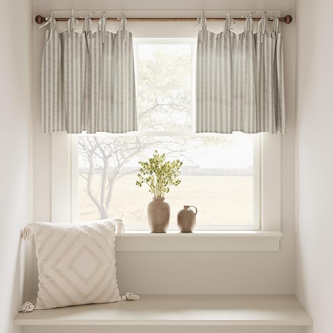 jinchan Tab Top Linen Kitchen Curtains 24 Inches Striped Tier Curtains Farmhouse Modern Cafe Style Small Window Treatments Airy Light Filtering Rod Pocket for Living Room Bathroom 2 Panels Taupe Grey