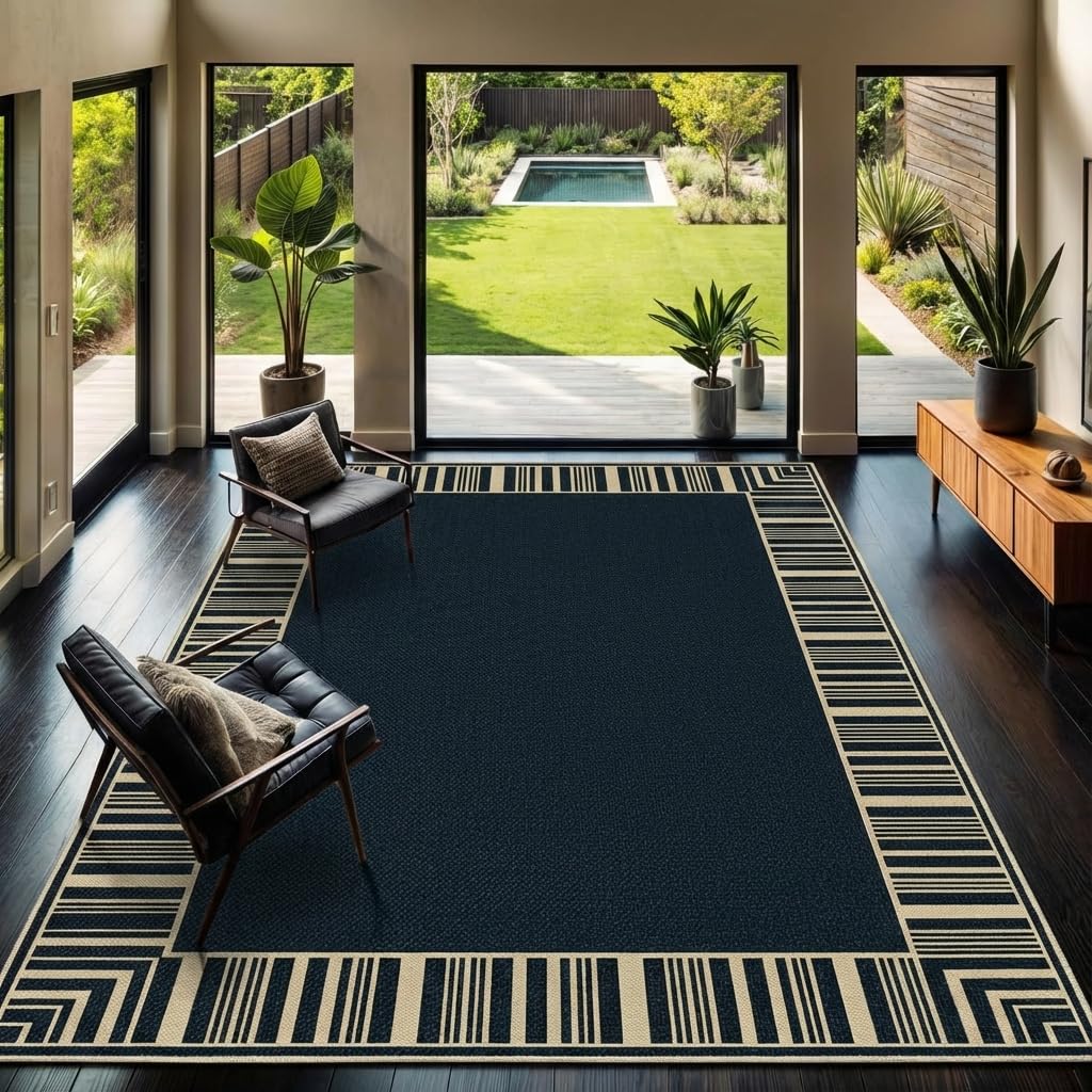COZYLOOM 8x10 Easy Jute Outdoor Patio Rug Washable Living Room Rug with Rubber Backing, Stain Resistant Neutral Striped Border Rugs Non Shedding Foldable Mats for Bedroom, Dining Room, Backyard, Black