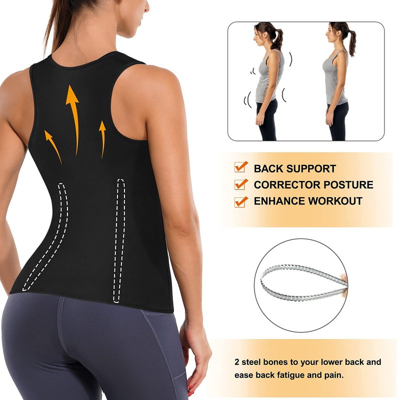 LANCS Women Waist Trainer Vest Sauna Suit Zipper Cincher Body Shaper Corset Sweat Vest Slimming Workout Tank Tops (Black, XX-Large)