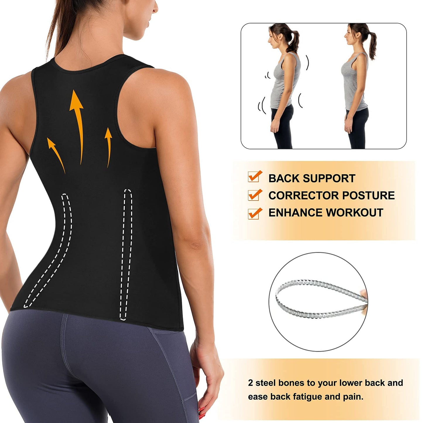 LANCS Women Waist Trainer Vest Sauna Suit Zipper Cincher Body Shaper Corset Sweat Vest Slimming Workout Tank Tops (Black, Small)