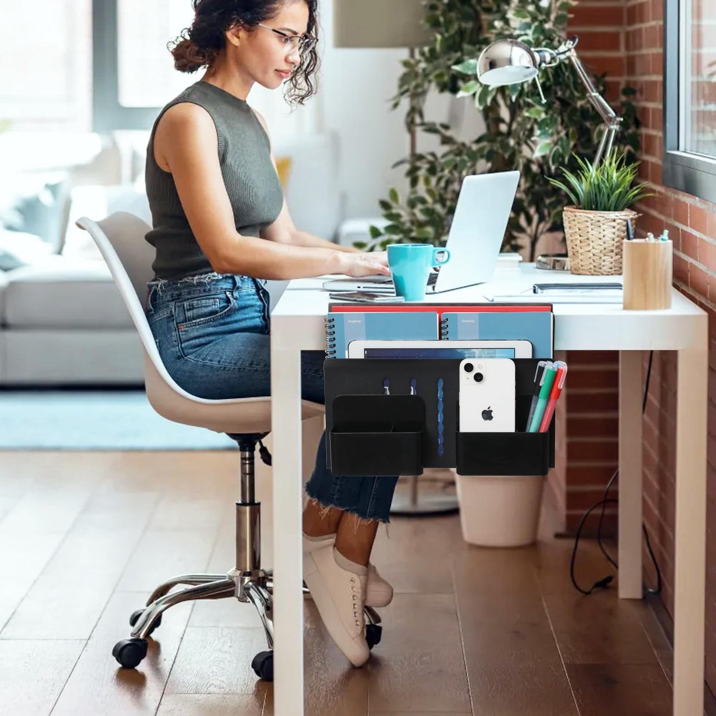 MAXECHO Desk Side Storage, Under Desk Laptop Mount, Table Side Hanging File Organizer, No Drill Clamp On Cable Management Tray, Laptop Holder with Magnetic Pen Holder for Office and Home, Load 22 Lbs