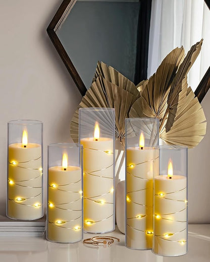 Da by Flickering Flameless Candle with Embedded Star String ，Acrylic LED Pillar Candles with 11-Key Remote Control and Timer，Battery Operated Candles, Ivory, Set of 5(D2.3×H5“/5“/ 6”/7“/8”)