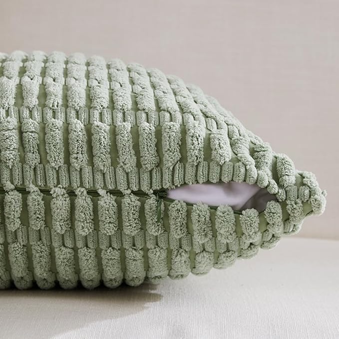 Fancy Homi Sage Green Decorative Throw Pillow Covers 20x20 Inch for Living Room Couch Bed Sofa, Soft Striped Corduroy Square Cushion Case 50x50 cm, Rustic Farmhouse Boho Home Decor