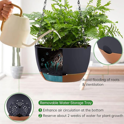 Set of 2 8 Inch Self Watering Hanging Planters for Indoor Outdoor Plants, Color Blocking Hanging Baskets Flower Pots with Drainage Hole & Removable Water-Storage Tray and 20" Chain Hanger