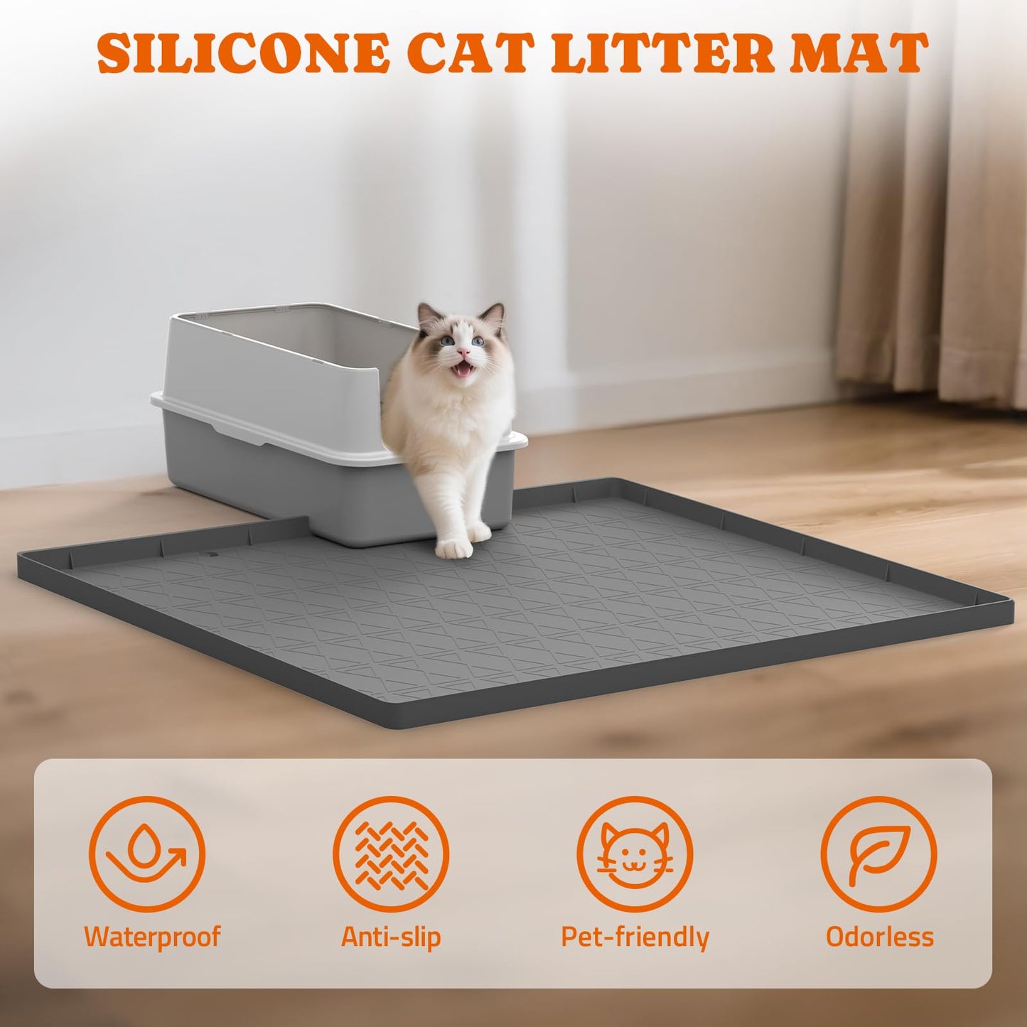 Pawtners Large Cat Litter Mat for Litter Box 2 Packs, 34" x 22" Waterproof Silicone Pad for Floor, Easy to Clean, Gray