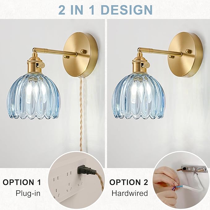 Plug in Wall Sconces Set of 2, Vintage Wall Sconce Light with Tulip Denim Blue Glass Lampshade, 180° Adjustable Wall Sconce with Switch and Plug in wall lamp Cord, Gold Wall Light Wall Decor Set of 2