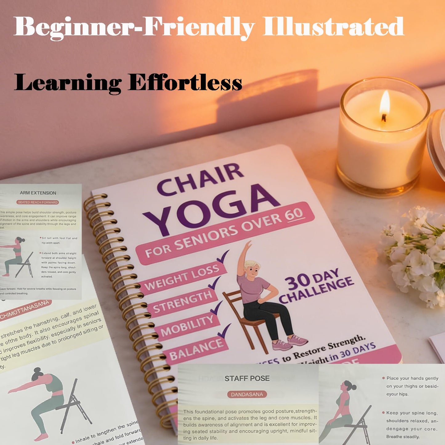 Chair Yoga Chart with 38-Page Guide, 30-Day Challenge, Chair Yoga Chart for Seniors Over 60, Exercise Book for Seniors Over 60 Beginner